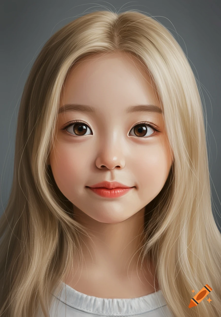 Close-up digital illustration of a young girl with long blonde hair, round brown eyes, and small lips.