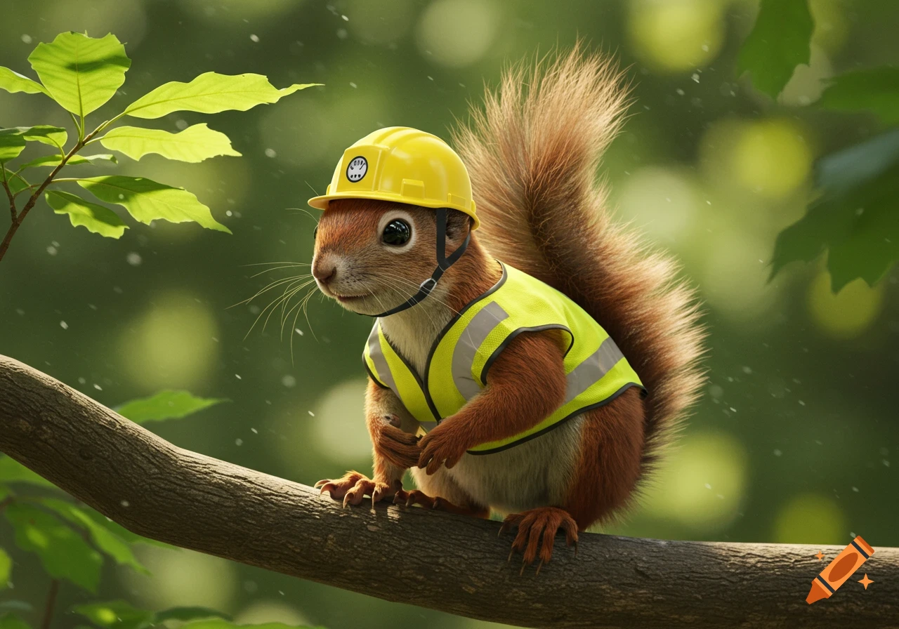 A photorealistic squirrel wearing a yellow hard hat and a fluorescent yellow safety vest sits on a tree branch in a forest.