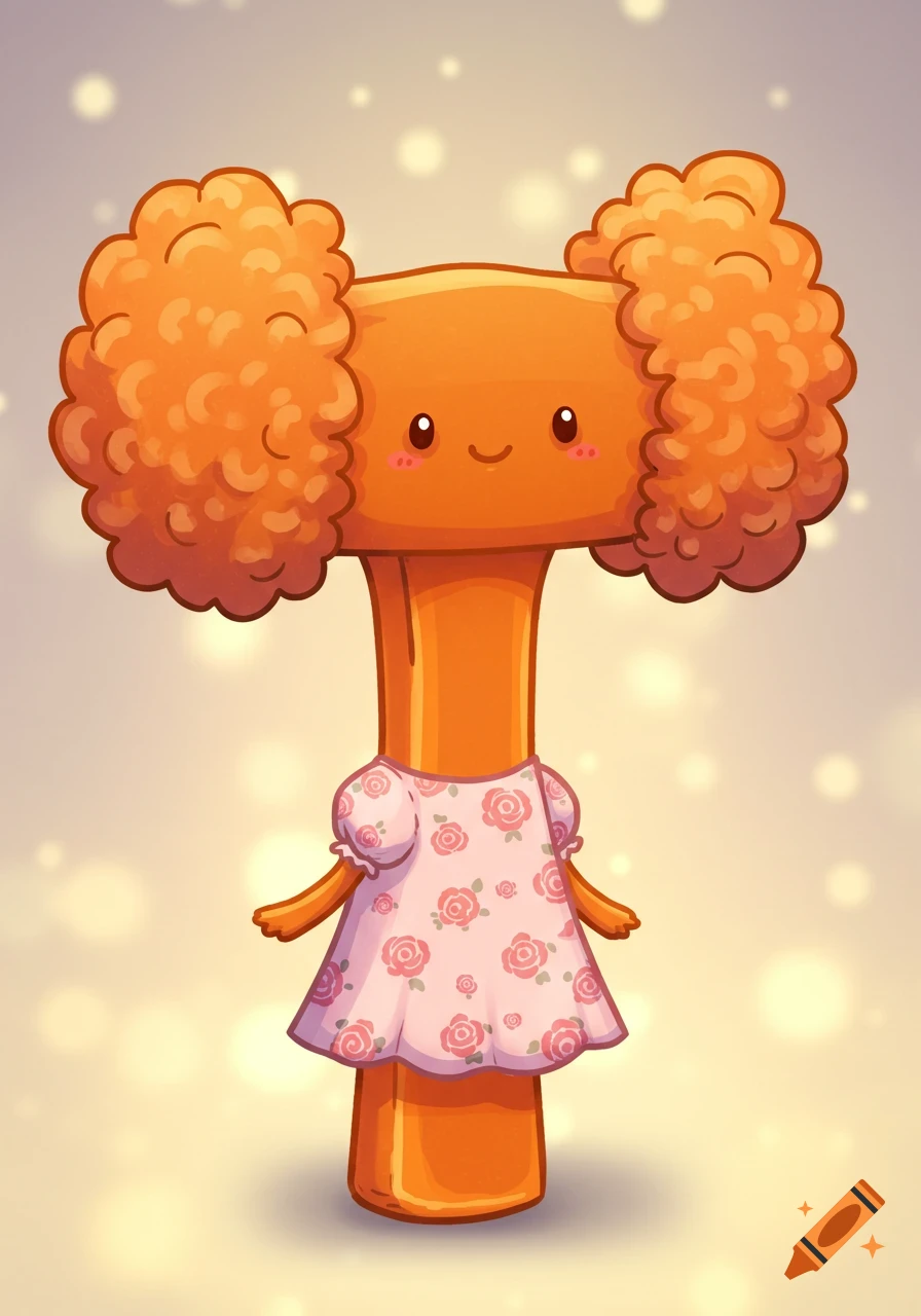 A cute, smiling orange cartoon character resembling a mushroom cloud with curly hair, wearing a pink dress with roses.