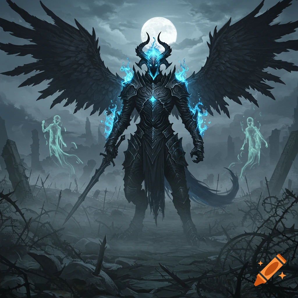 A dark fantasy art of a winged, horned warrior in black armor with blue flames, holding a sword in a foggy, desolate landscape with ghosts under a full moon.
