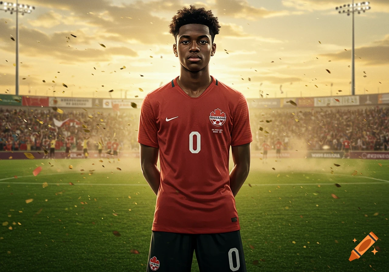 A photorealistic image of a young Black male soccer player in a red Canadian jersey with number 0, standing in a stadium at sunset with confetti falling.