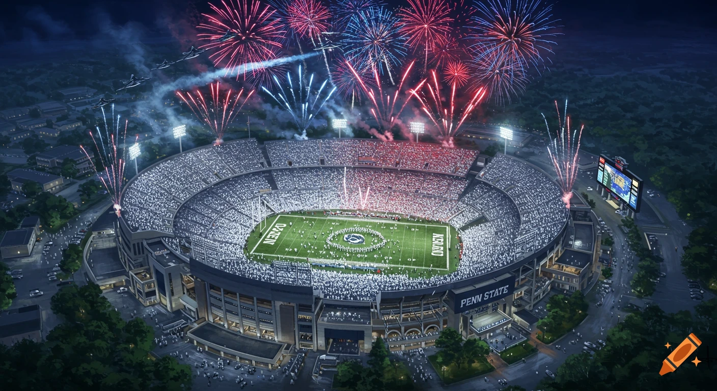Aerial view of a packed Penn State football stadium at night, illuminated with fireworks exploding overhead and planes flying by.