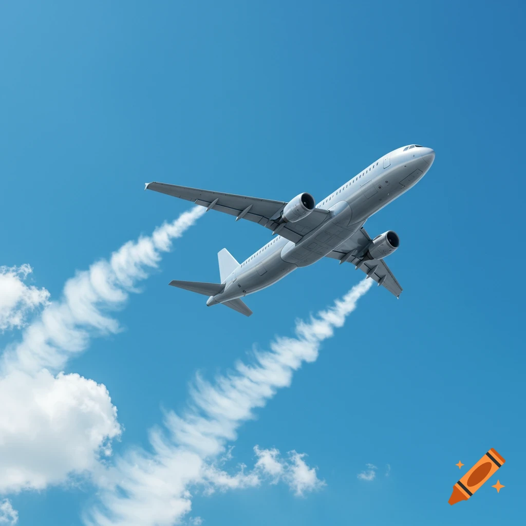 A white passenger airplane ascends into a bright blue sky, leaving two long contrails.