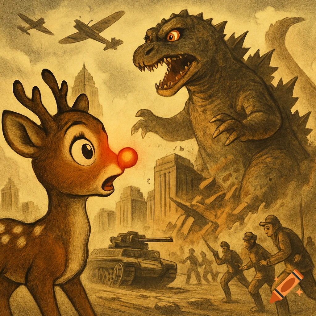 Vintage illustration of Rudolph the Red-Nosed Reindeer watching Godzilla attack a city, with military planes, soldiers, and a tank.