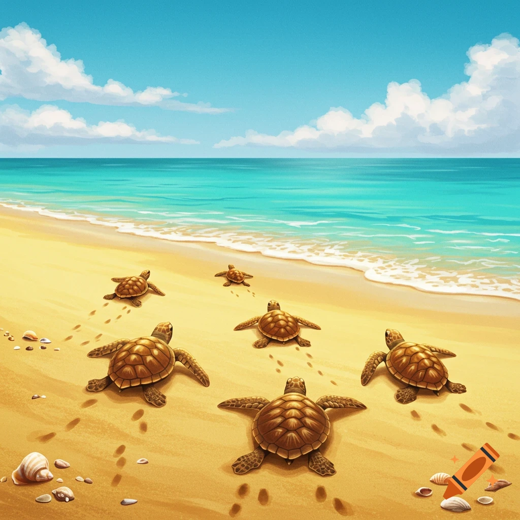 Illustration of six baby sea turtles crawling on a sunny sandy beach towards the bright blue and green ocean.