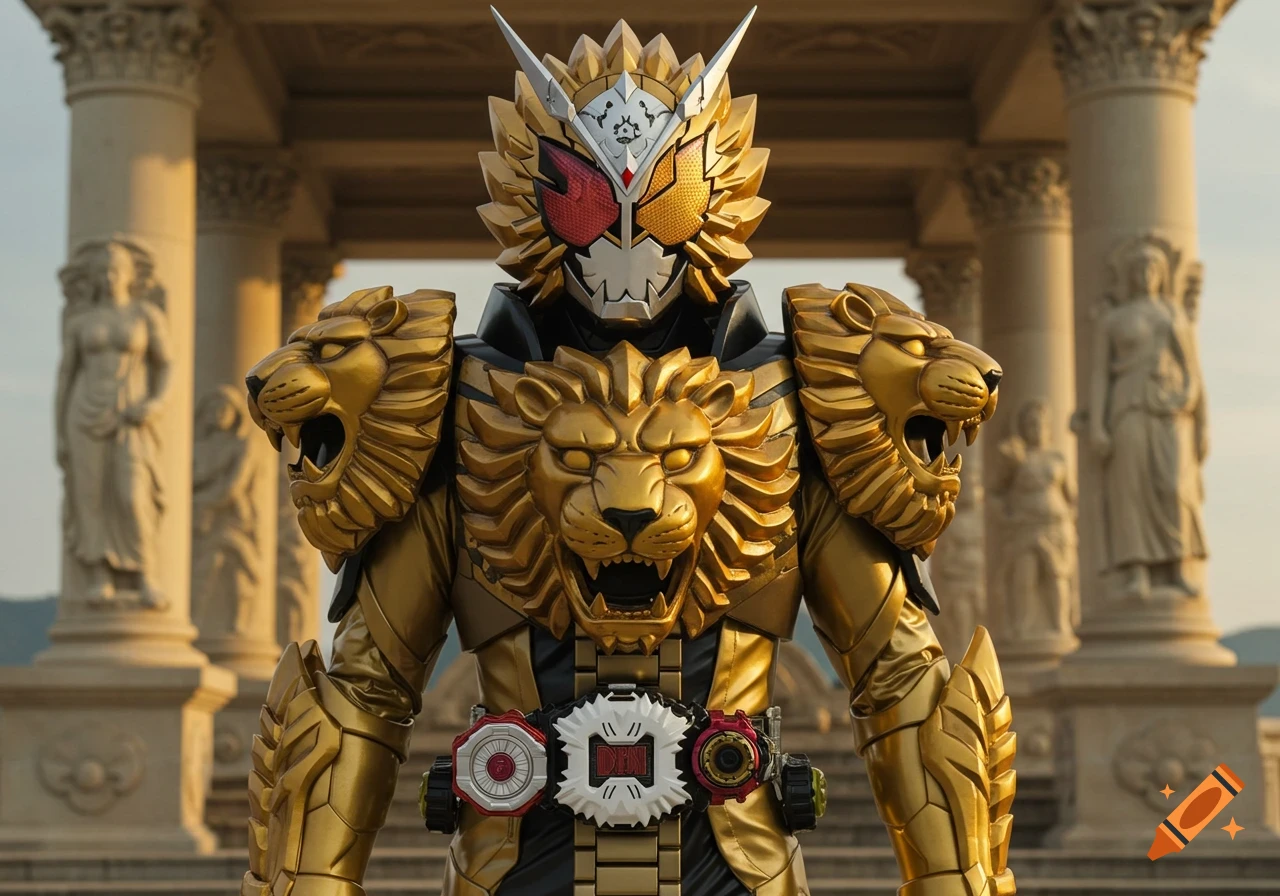 A golden lion-themed armored Kamen Rider with a complex helmet stands in front of classical temple architecture.