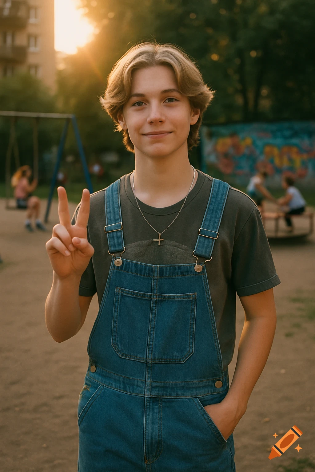 A smiling teenage boy with blond hair in denim overalls makes a peace sign in a sunlit playground.