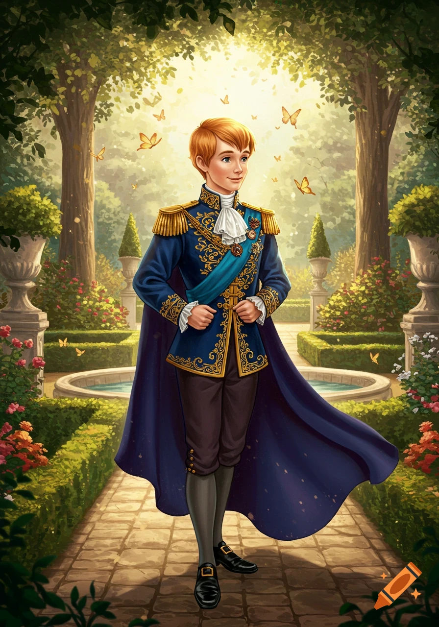 A handsome red-haired prince in a blue and gold uniform stands in a sunlit fairytale garden with butterflies, illustrated.