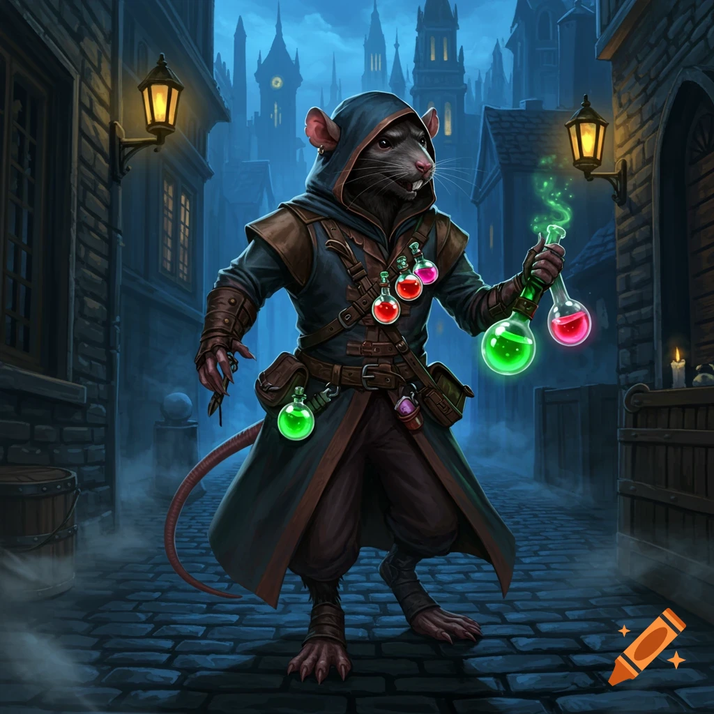 A hooded anthropomorphic rat alchemist stands in a dark medieval alley, holding glowing potions. Digital fantasy art.