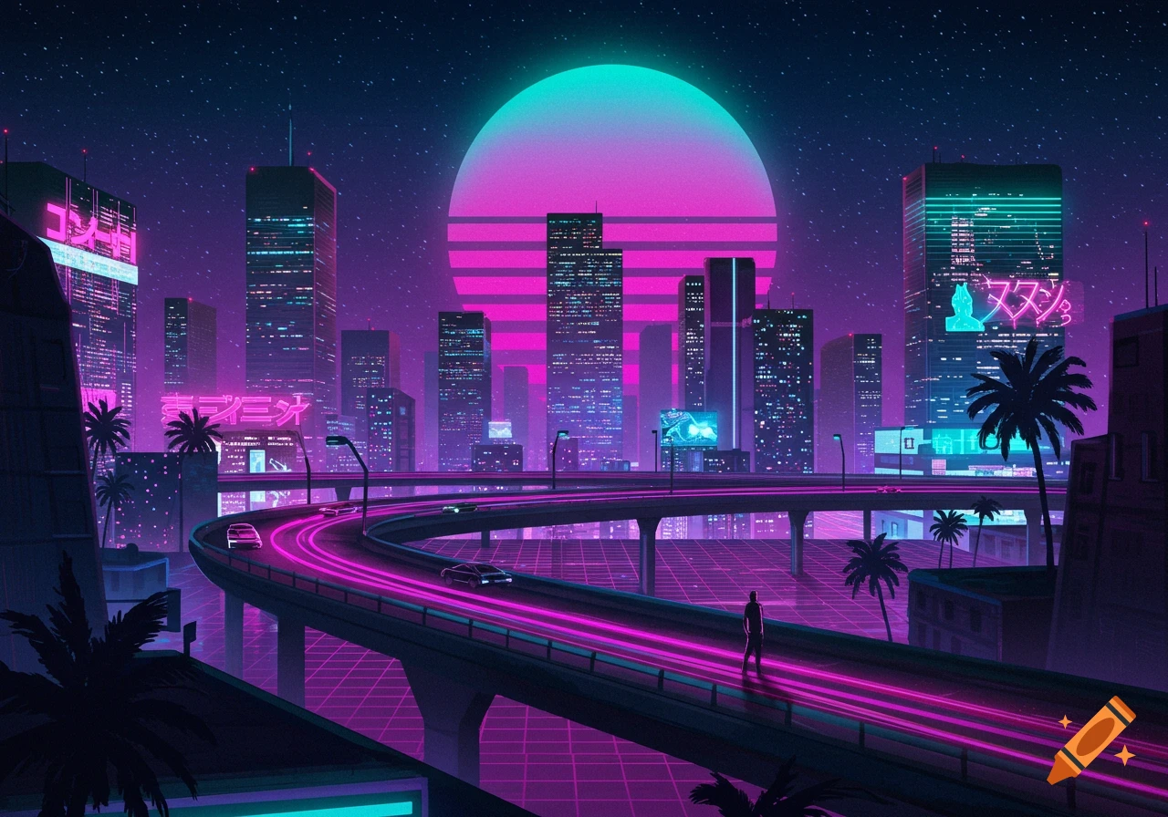 A vibrant synthwave cityscape at night, featuring a winding elevated highway with glowing pink lines, futuristic skyscrapers with neon signs, and a large pink and teal sunset above a starry sky.