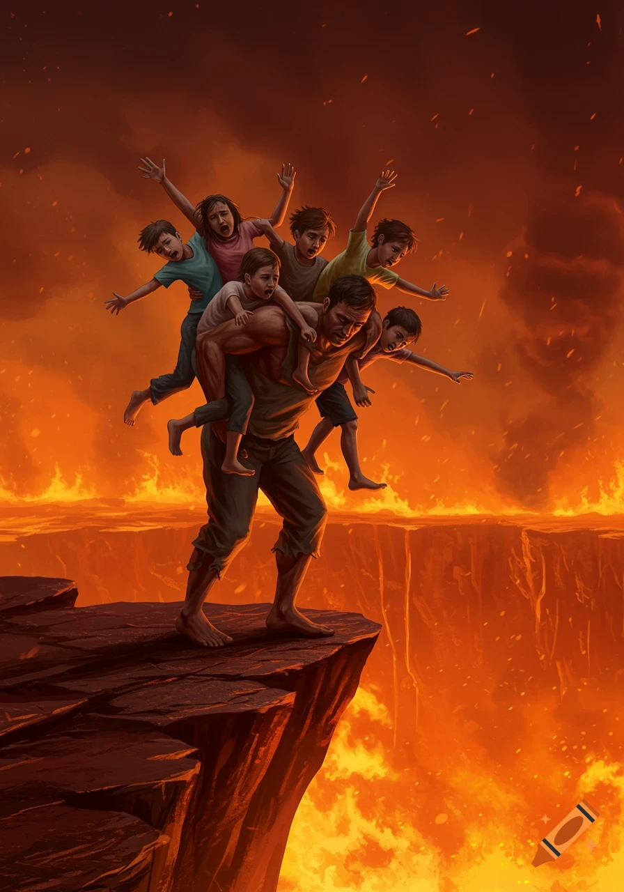 A man carries several screaming children on his back, balancing on a cliff edge above a vast fiery abyss.