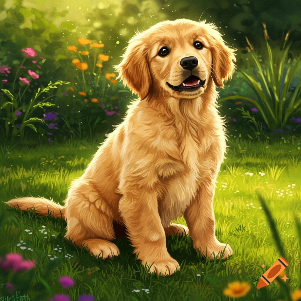 A cute golden retriever puppy sits in a sunny, vibrant green field with colorful flowers and lush foliage. Digital art.