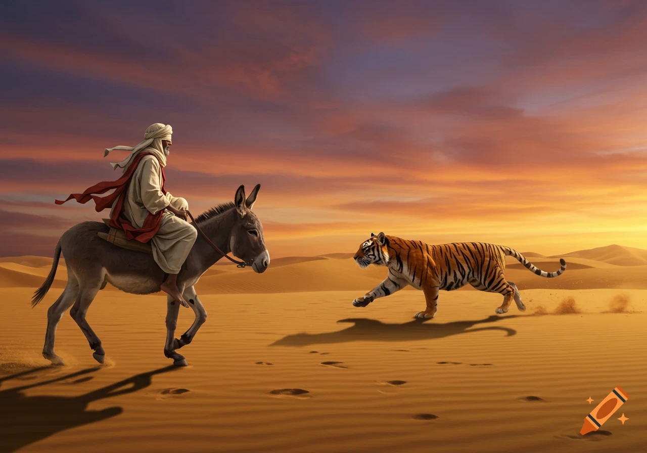 A man in desert attire rides a donkey through sand dunes at sunset, while a tiger runs nearby.