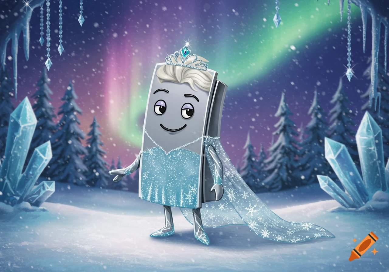 A cartoon paperclip character dressed as Elsa with a tiara and blue sparkly dress in a snowy forest with ice crystals and aurora borealis.