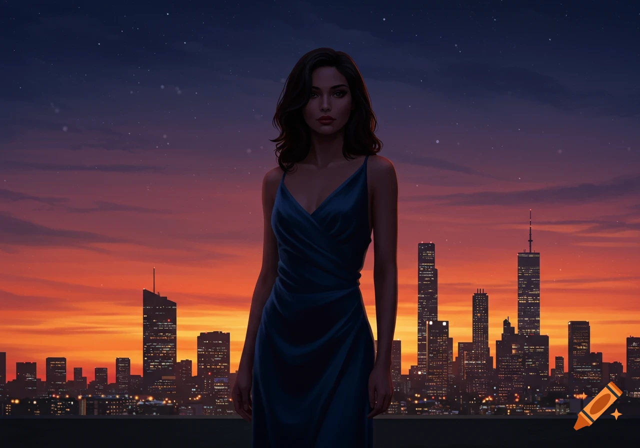 A digital painting of a woman in a blue dress standing on a rooftop, overlooking a city skyline at sunset with a starry sky.