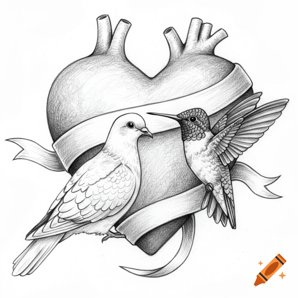 Black and white pencil drawing of a dove and a hummingbird on a ribbon wrapped around an anatomical heart.