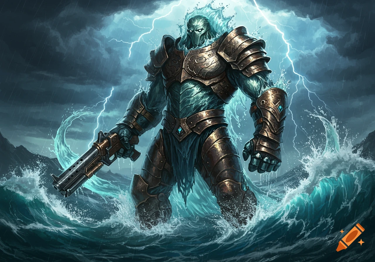 A massive armored water golem stands in a stormy sea with a gun, lightning striking in the background. Detailed fantasy illustration.