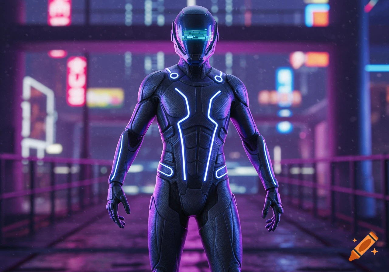 Photorealistic render of a figure in a black and blue glowing Tron-style suit with a visor, standing in a neon-lit futuristic city.