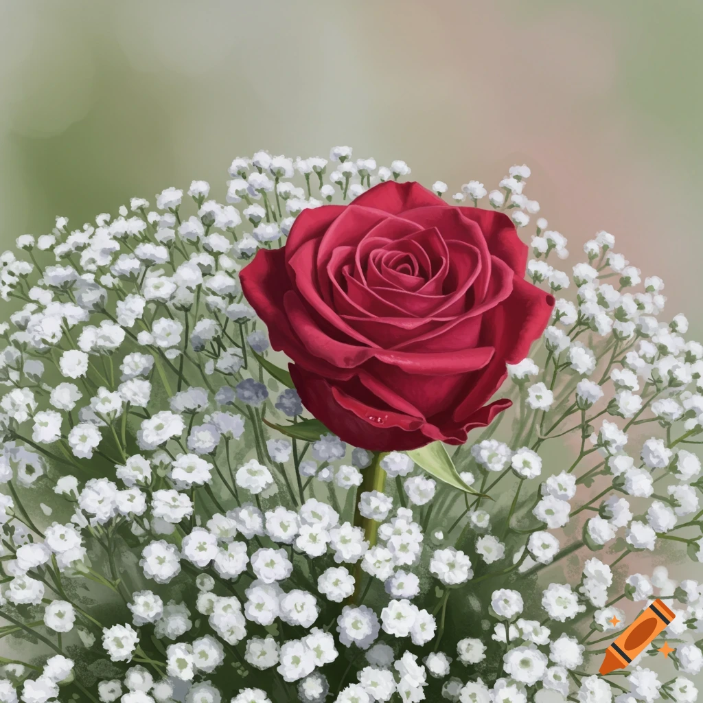 A vibrant red rose centered among a dense bunch of white baby's breath flowers, against a soft green and pink background.