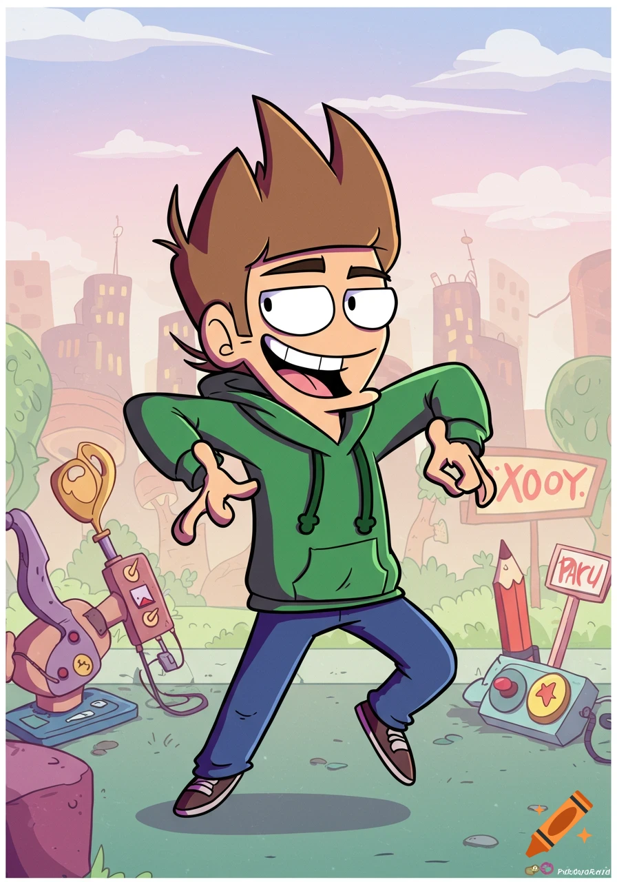 A cartoon boy with spiky brown hair, in a green hoodie and blue jeans, smiles while dancing outdoors in a city park.