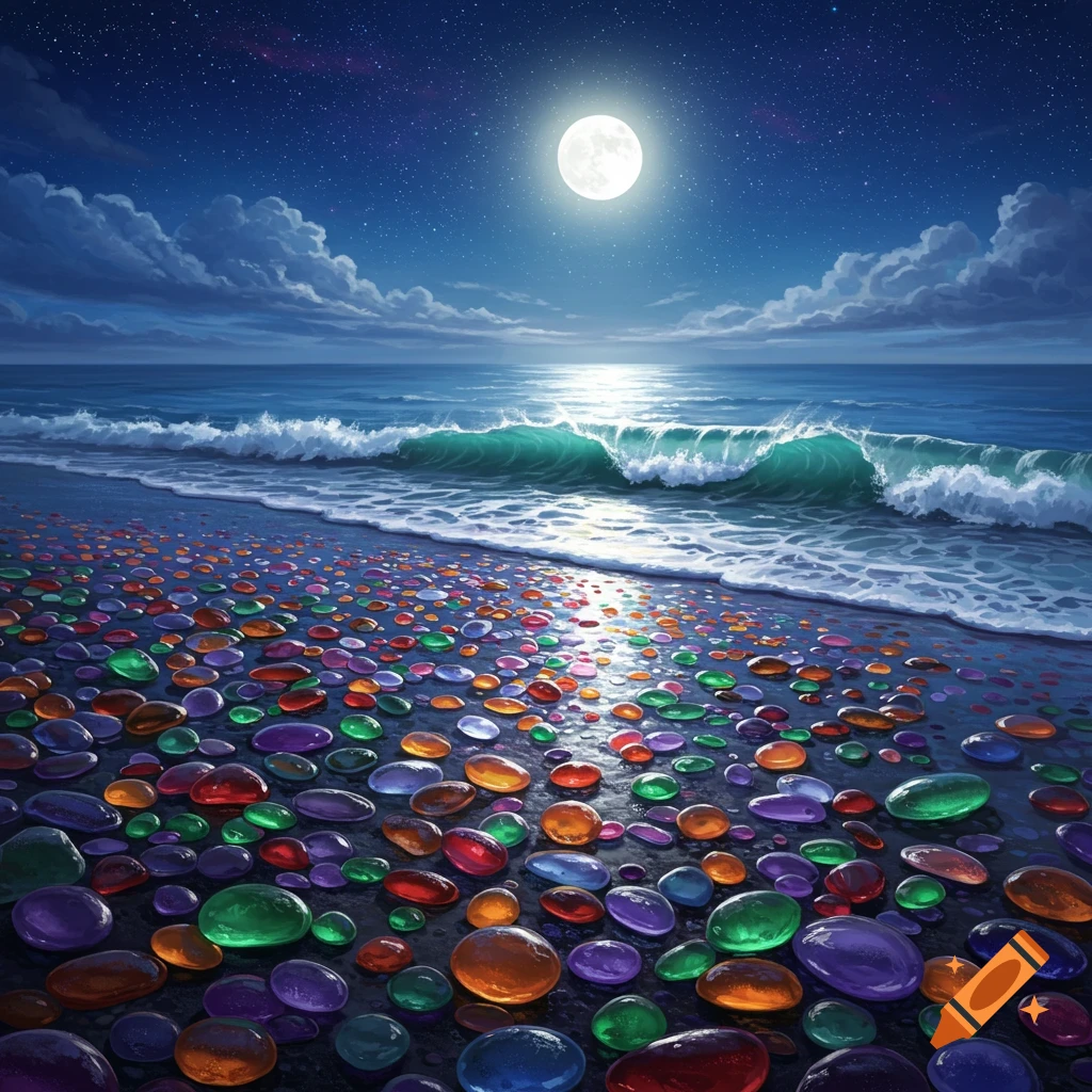 A vibrant moonlit beach covered in colorful, luminous glass rocks with waves gently breaking on the shore under a starry night sky.
