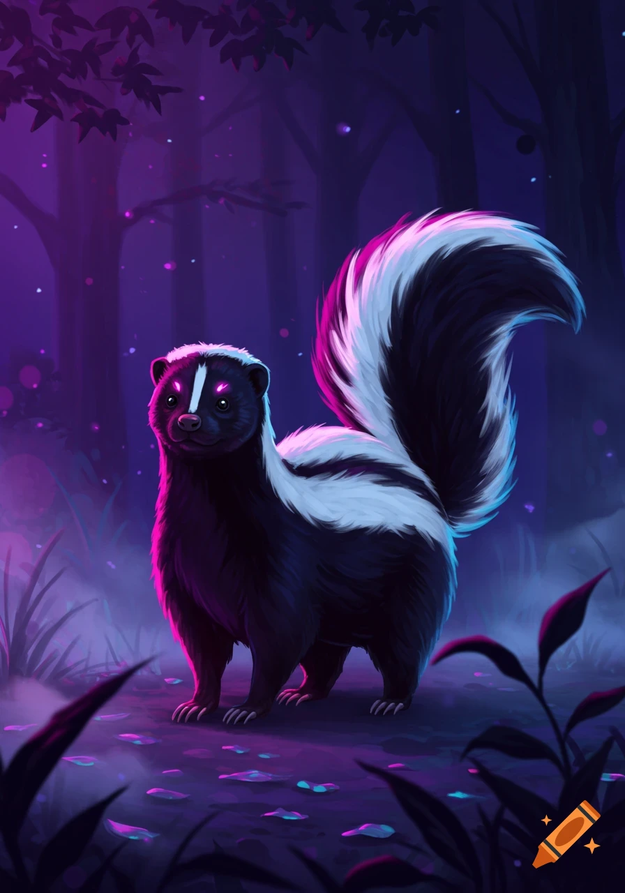 A stylized skunk with neon pink and blue glowing fur stands in a dark, glowing purple forest.