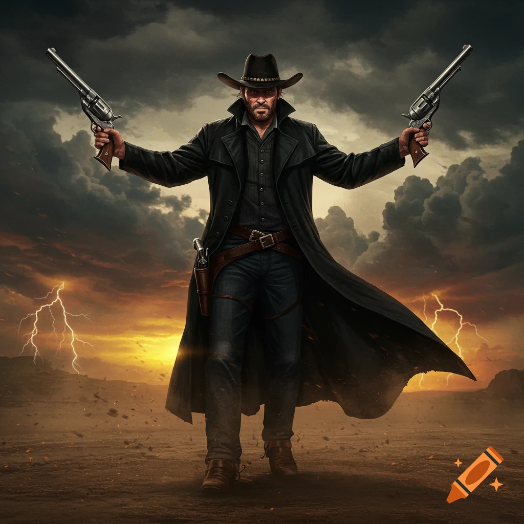 A photorealistic gunslinger in a black coat and cowboy hat holds two revolvers under a stormy desert sky with lightning.