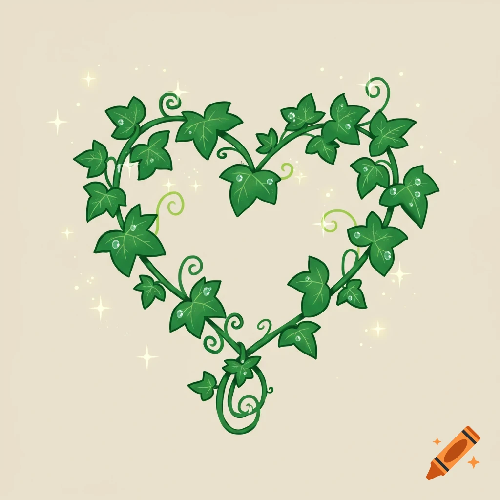 A heart-shaped arrangement of green ivy leaves with dewdrops and sparkling accents, on a light beige background, in an illustrative style.
