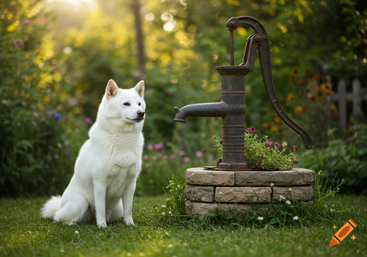 A white Shiba Inu dog sits patiently next to an old well pump in a lush, sunlit garden with green grass and flowers.