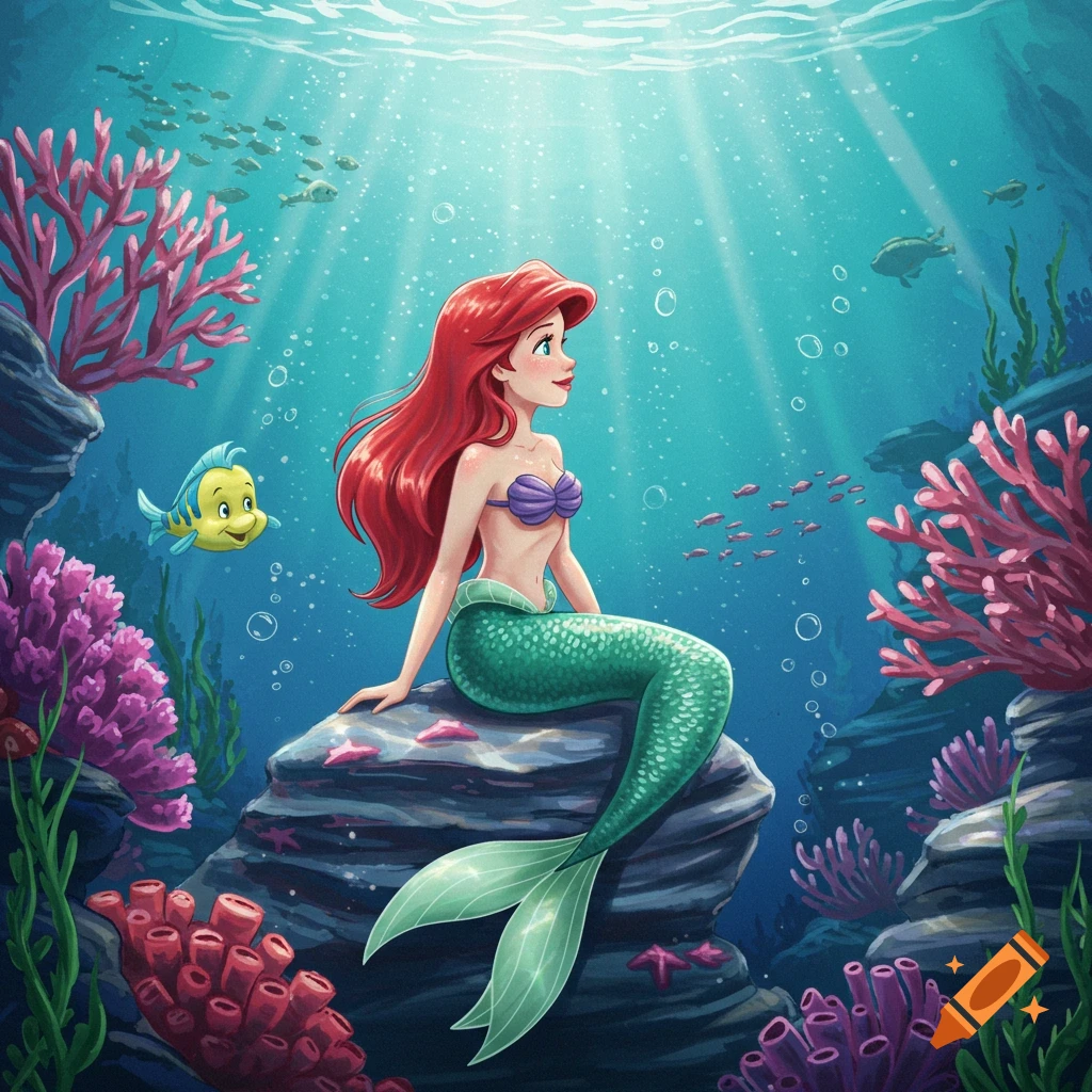 Ariel the Little Mermaid with red hair and green tail sits on an underwater rock with Flounder in a vibrant cartoon style.