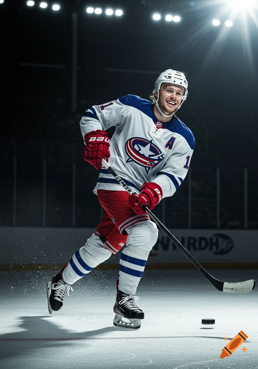 A smiling male ice hockey player in a white, blue, and red jersey with red gloves skates on an ice rink, holding a stick, under cinematic lighting.
