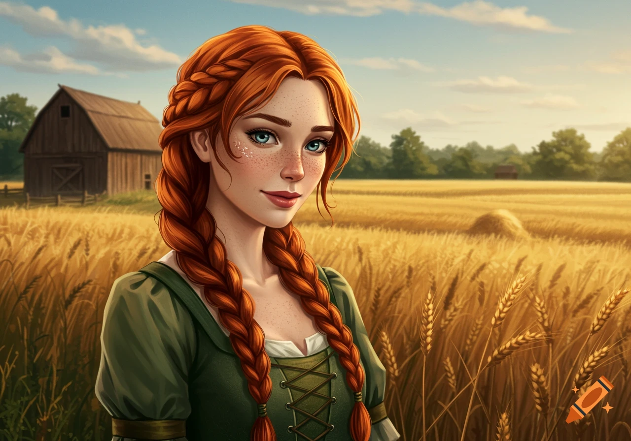 Digital painting of a red-haired woman with braids and freckles, smiling shyly in a golden wheat field with a barn.