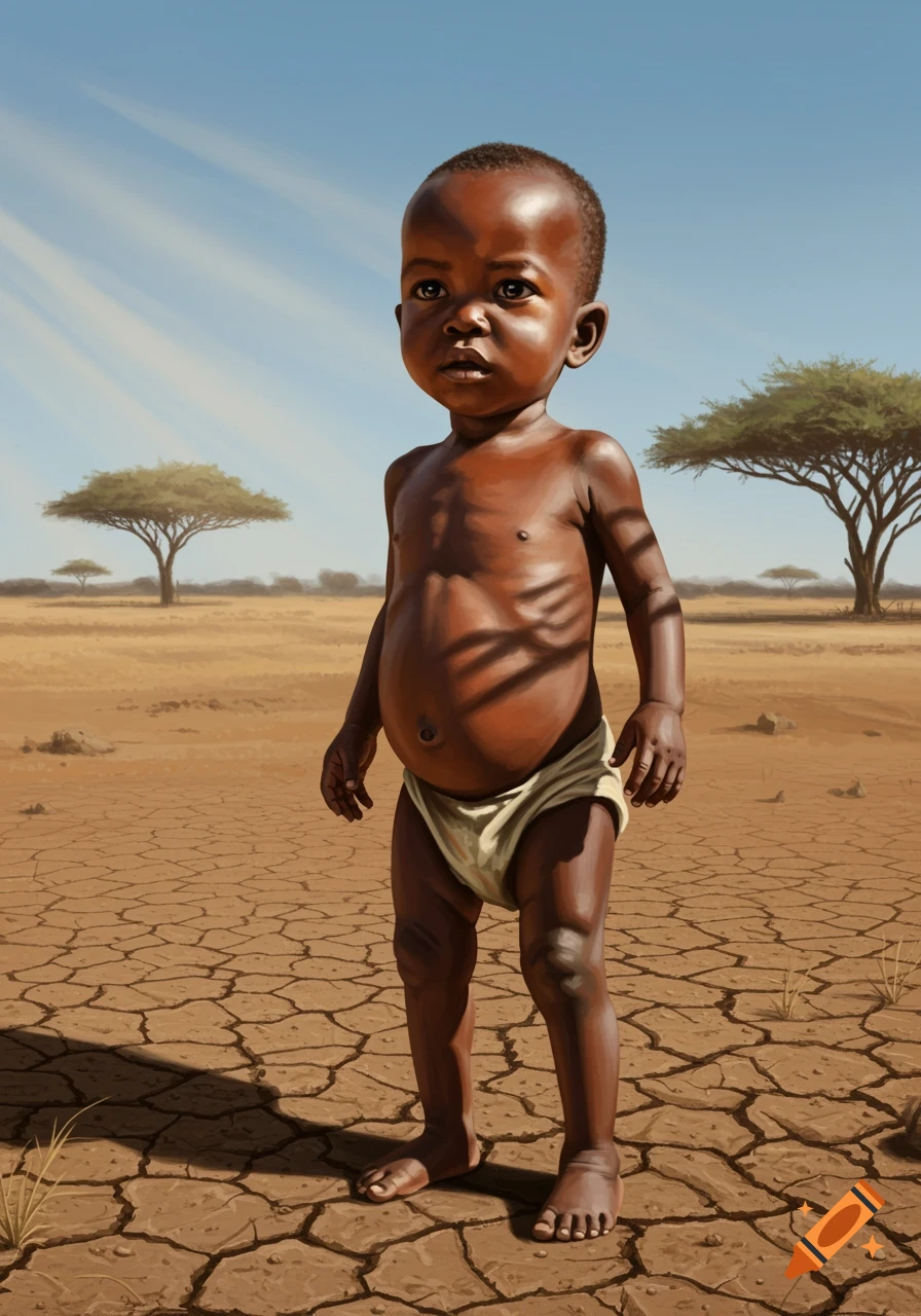 An African toddler with a bloated belly, wearing a diaper, stands in a dry, cracked desert landscape.
