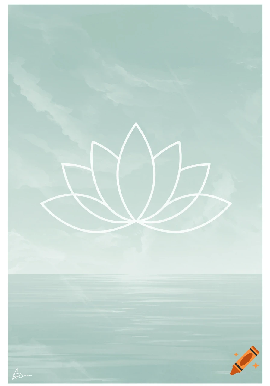 A minimalist white outline of a lotus flower against a pale seafoam green background with a calm horizon line.