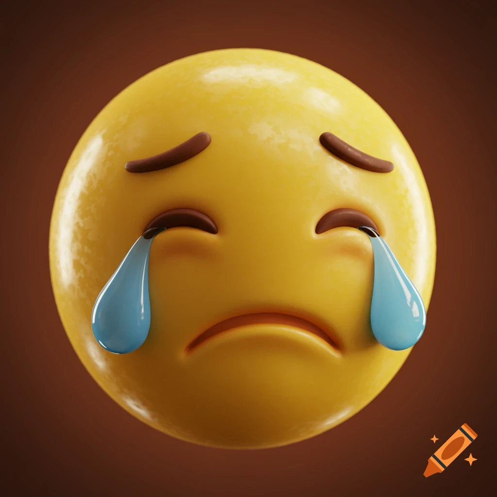 A realistic 3D crying emoji with large blue tears and a sad expression on a brown background.