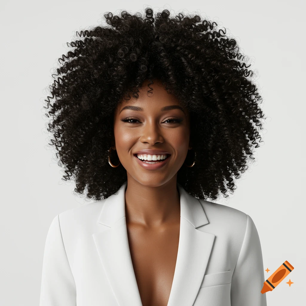 A smiling Black woman with voluminous curly hair wearing a white blazer against a white background.