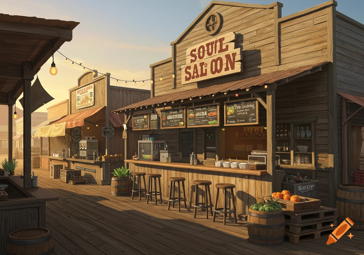A stylized illustration of a Wild West-style 'Soul Saloon' bar setup in an outdoor market, with chalkboards, bar stools, and various food stalls under a sunny sky.