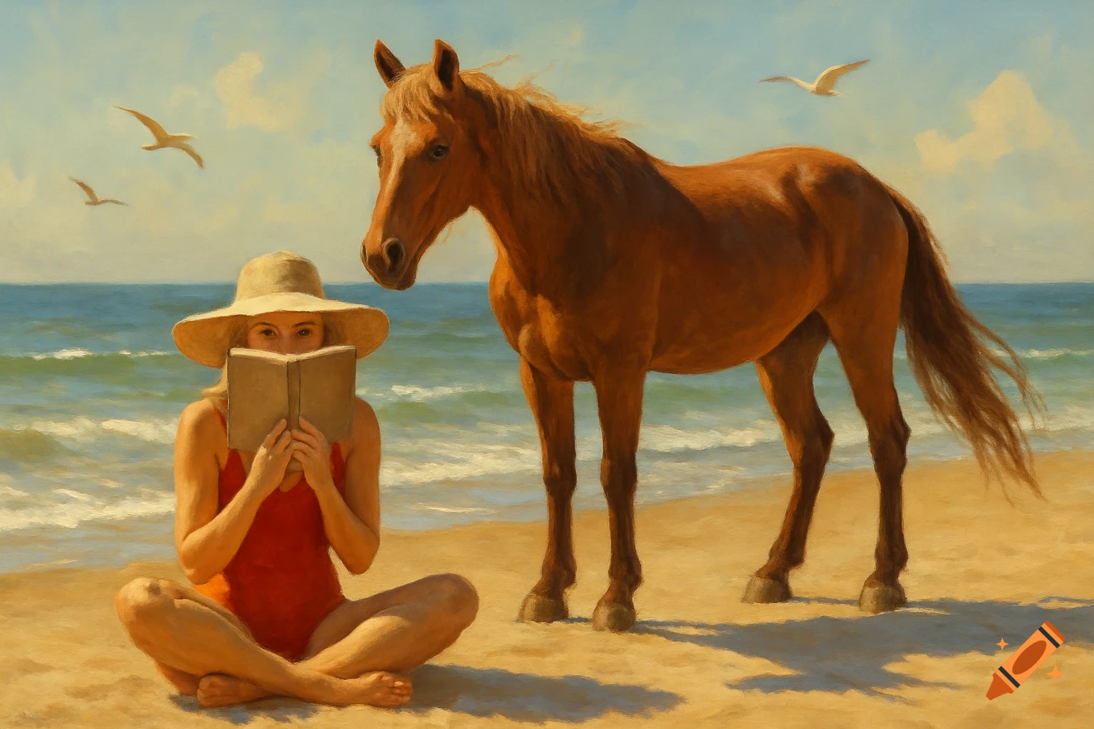 A woman in a red swimsuit sits on a sandy beach, reading a book. A brown horse stands beside her, with seagulls flying in the sky over the ocean. Painterly style.