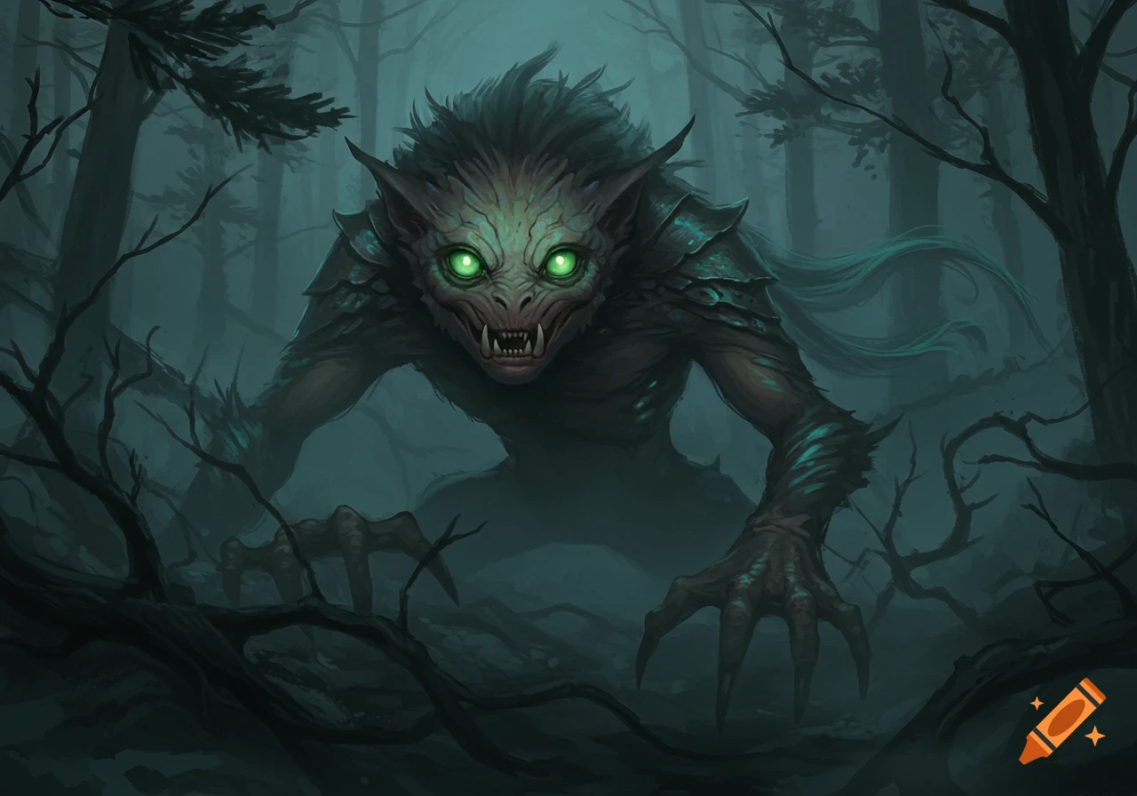 A terrifying, green-eyed monster with sharp teeth and claws emerges from a dark, foggy forest.