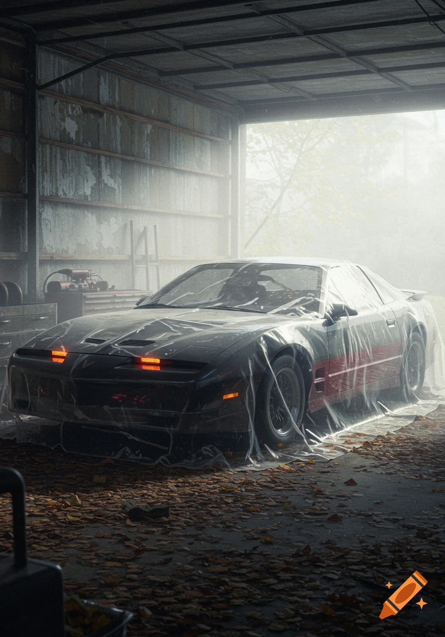 A black Pontiac Trans Am under a plastic sheet in a dusty, dimly lit garage with autumn leaves and fog.
