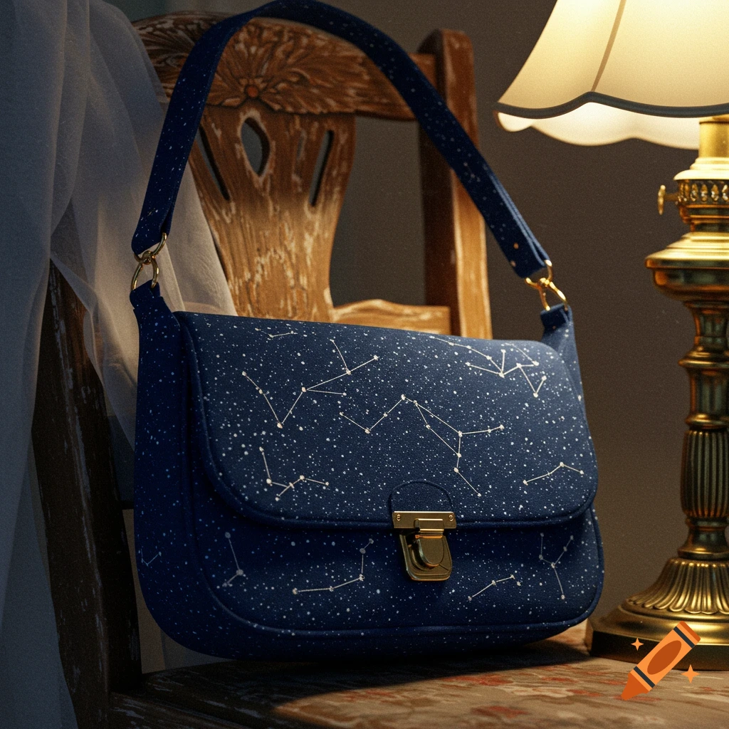 A dark blue shoulder bag with a white starry constellation pattern and gold clasp, resting on a wooden surface next to a lamp.