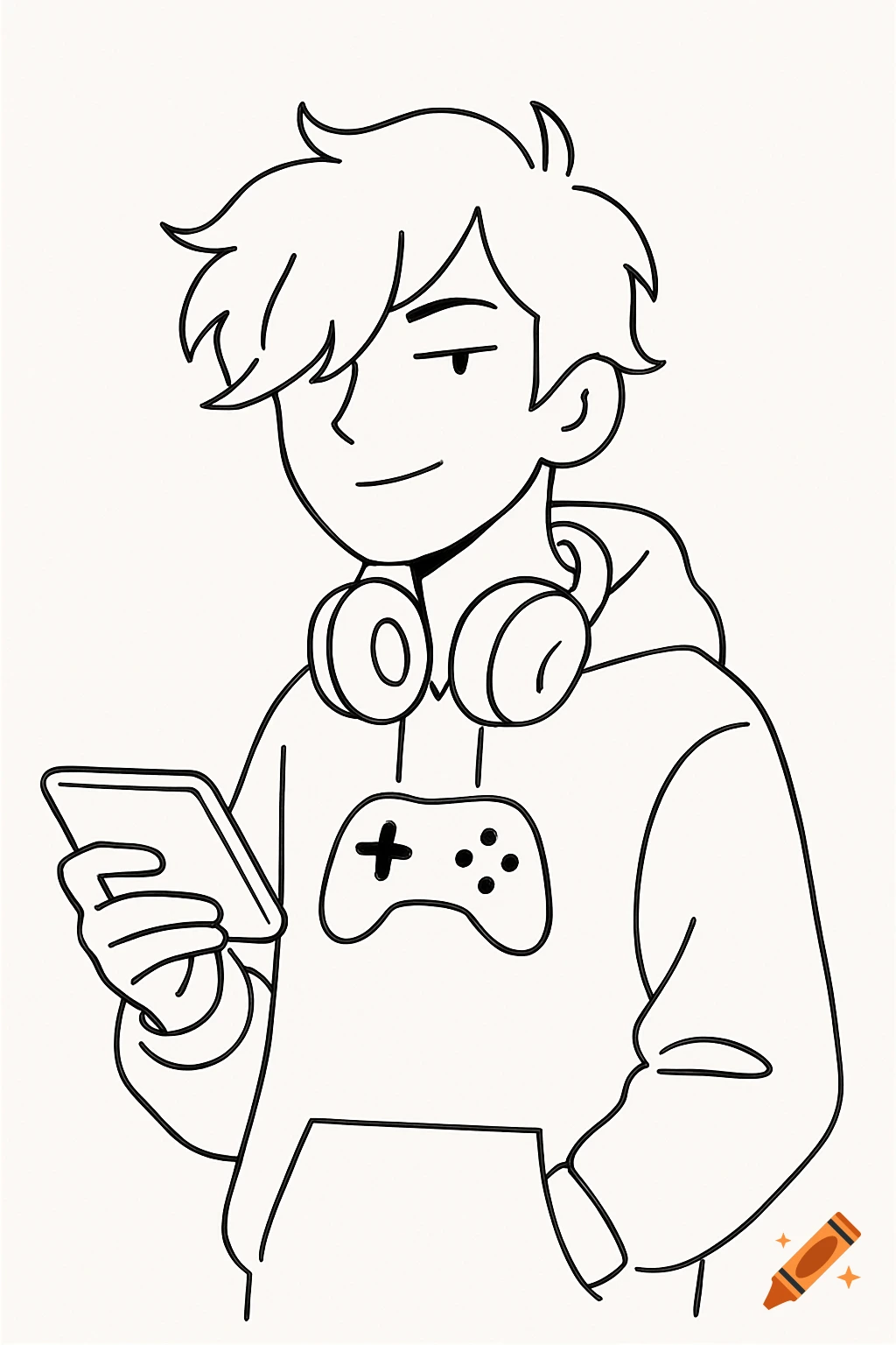 Line art of a young person with headphones, a gaming hoodie, and holding a handheld console, with one eyebrow raised.