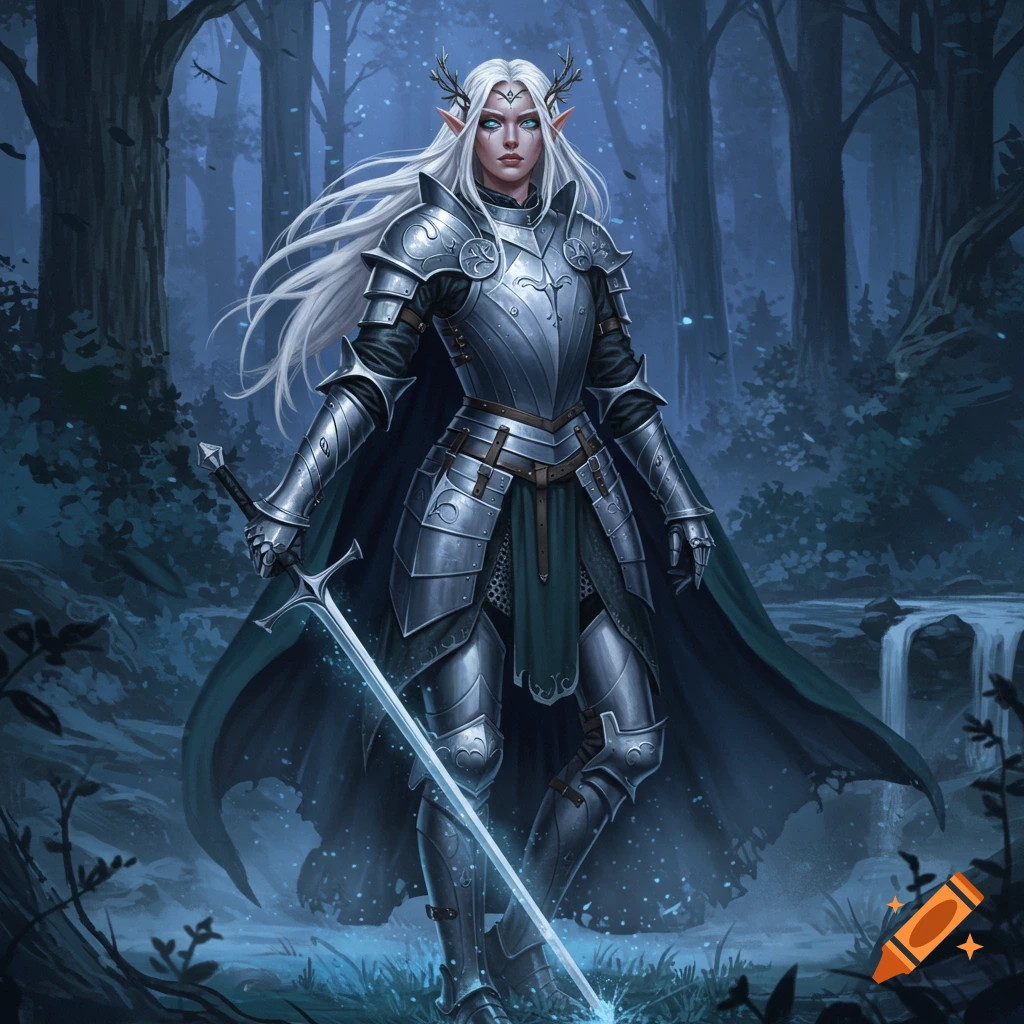 A white-haired high elf knight in silver armor with antlers stands in a dark, magical forest, holding a glowing sword.