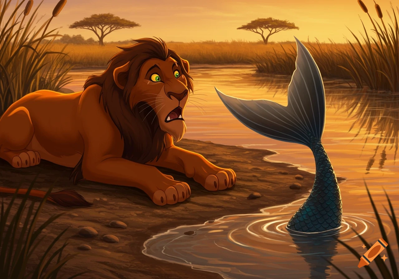 A surprised Scar the lion stares at a black mermaid tail emerging from an African river at sunset, in a 2D cartoon style.