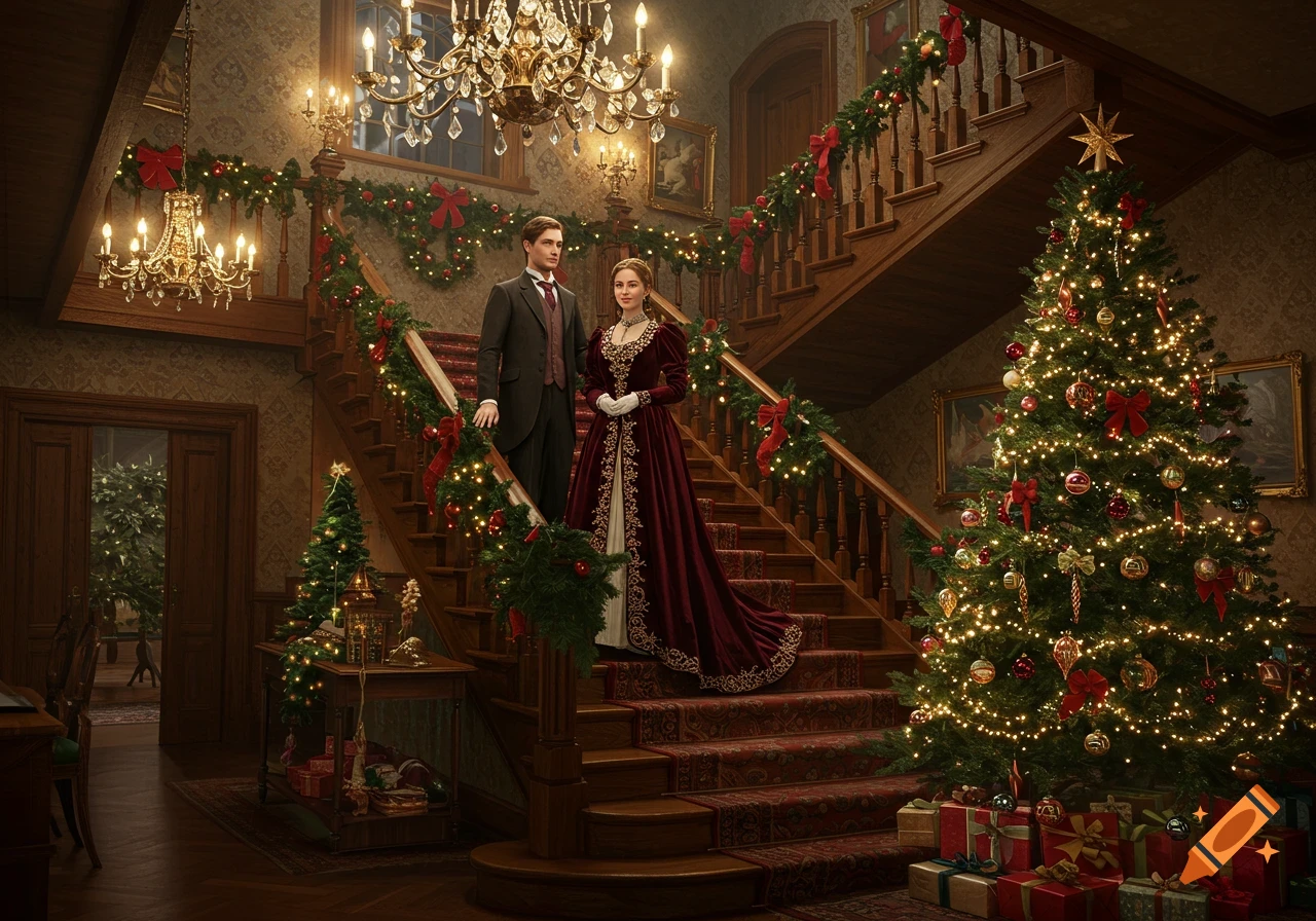 A man and woman in Victorian attire stand on a grand staircase decorated for Christmas with festive garlands and a large Christmas tree.