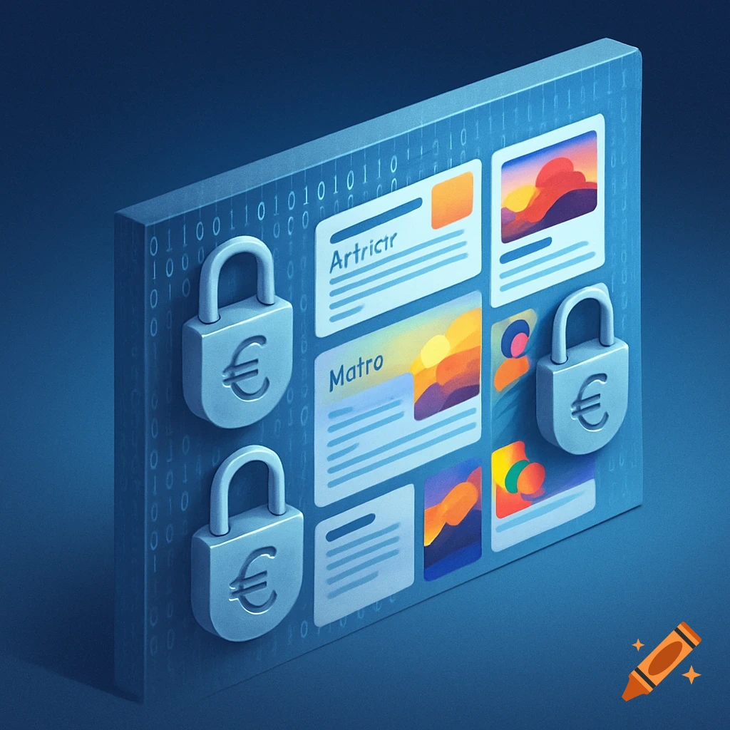 Isometric illustration of a blue board with binary code, three grey padlocks with euro symbols, and several article previews with abstract images and garbled text. Represents a paywall.