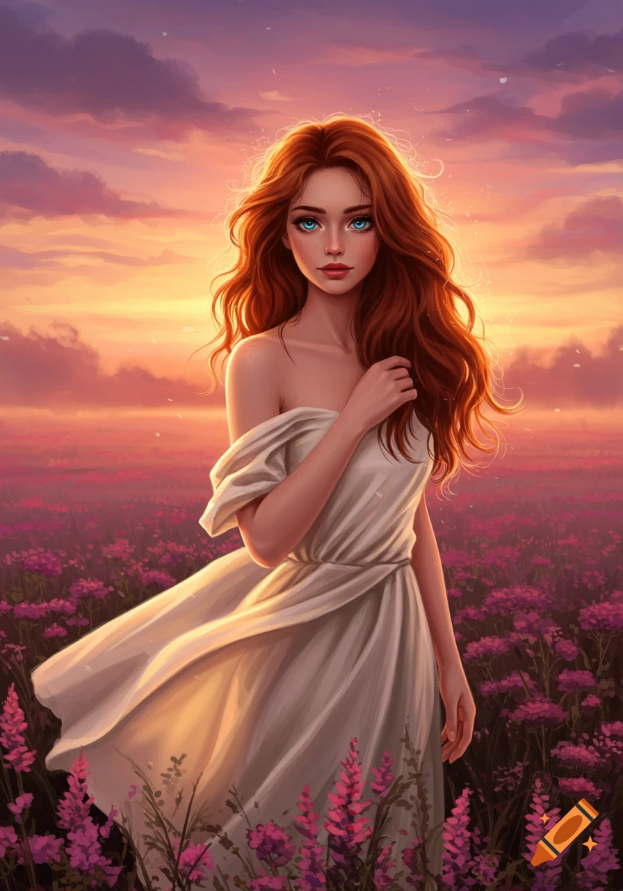 A beautiful woman with long red hair and blue eyes in a white dress stands in a field of purple flowers at sunset, digital art.