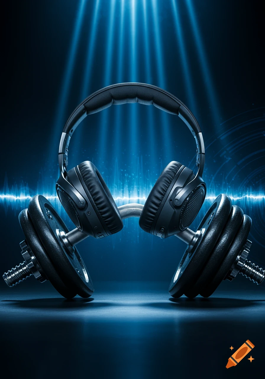 Dark image of black headphones on barbell weights with blue light rays and sound waves.
