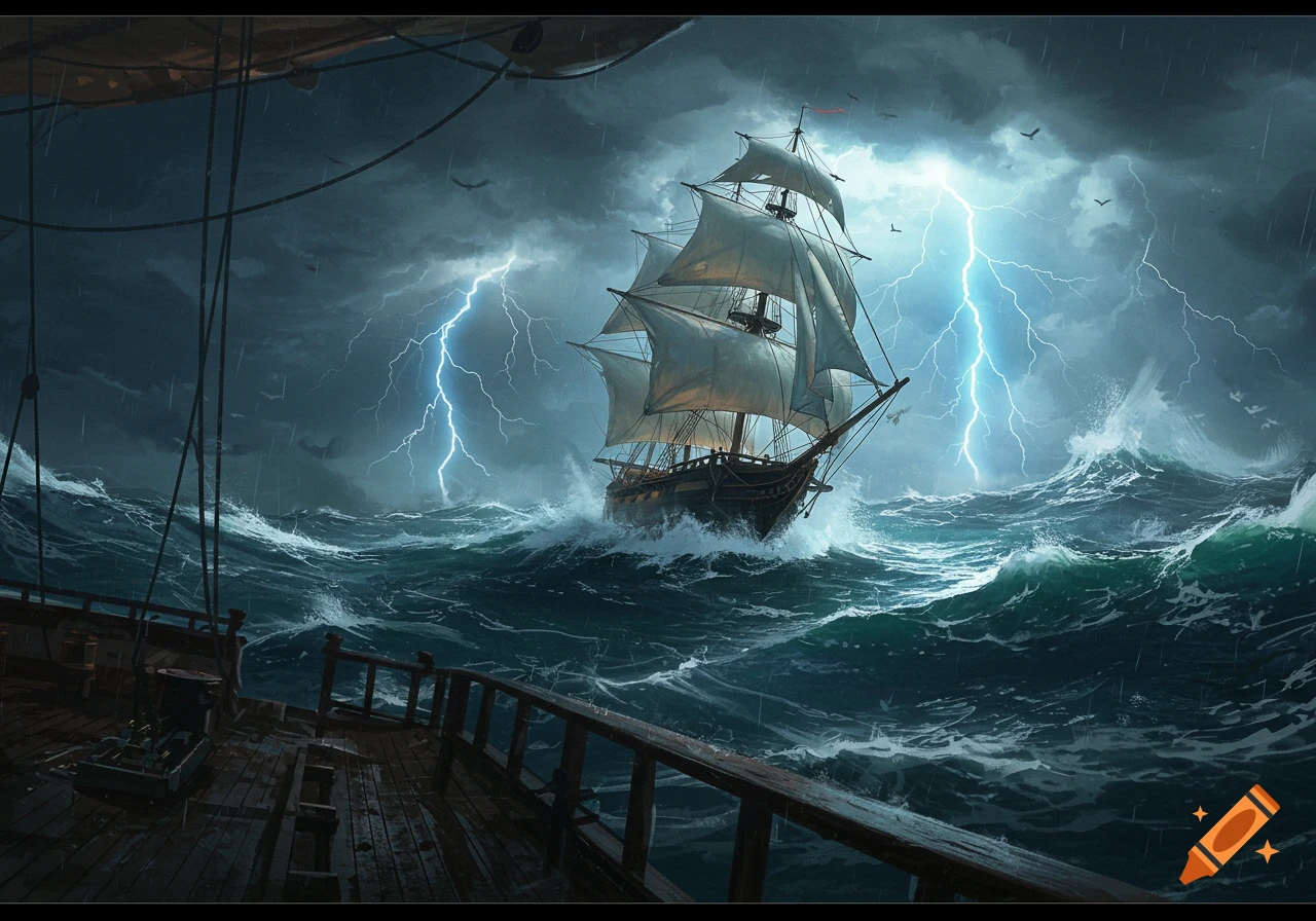 A majestic sailing ship navigates a tumultuous, lightning-streaked sea during a violent storm. It's a dramatic fantasy art style.