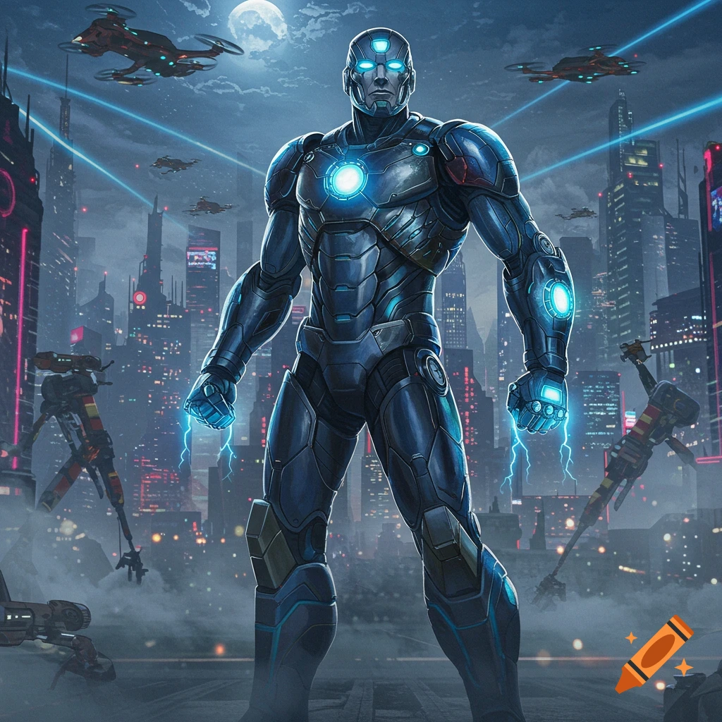 A blue armored superhero with glowing chest and eyes stands in a futuristic city at night, with drones flying overhead and lightning emanating from his fists.